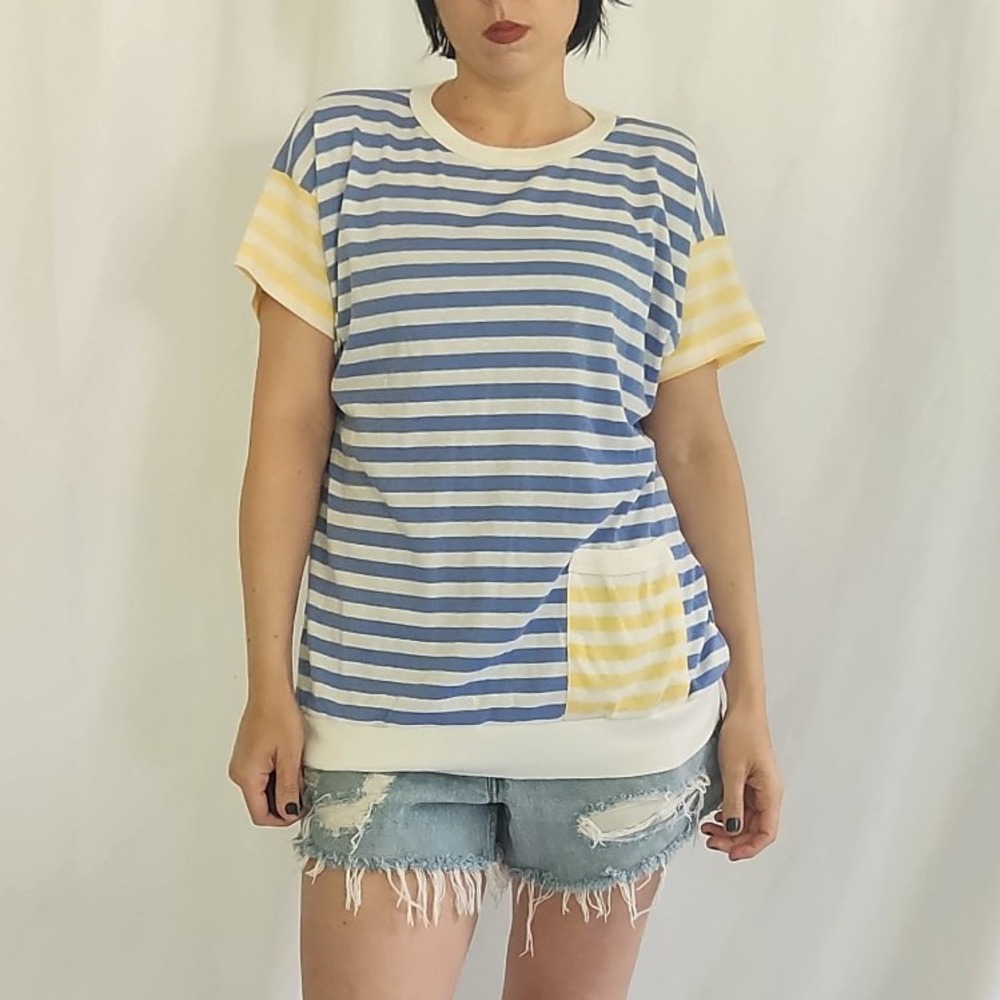 90s Blue, White, and Yellow Striped Tee
